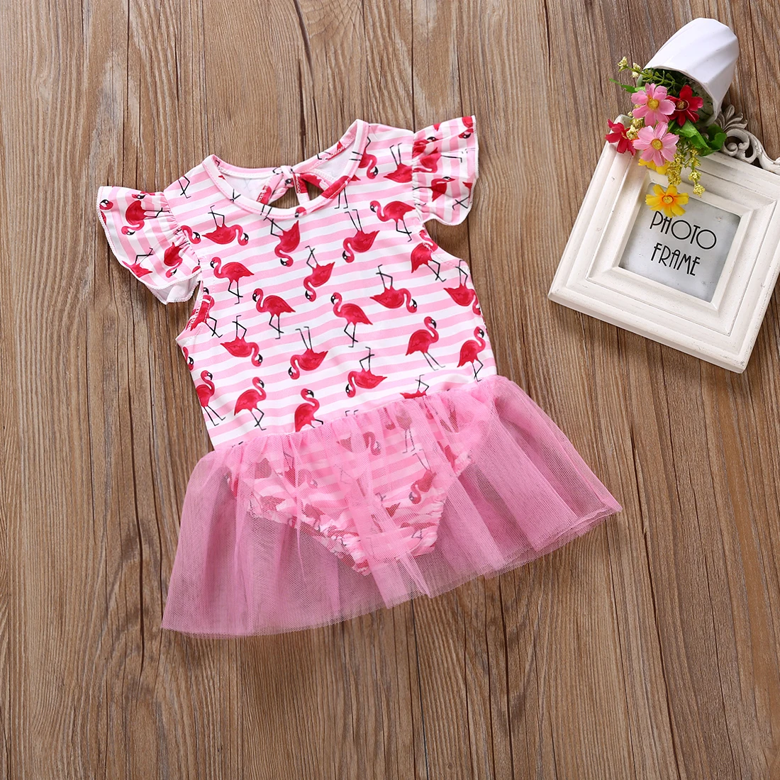 

Newborn Baby Girls Flamingo Striped Backless Lace up Tulle Swimwear Swimsuit Bathing One-Piece Suits Romper Dress Beachwear