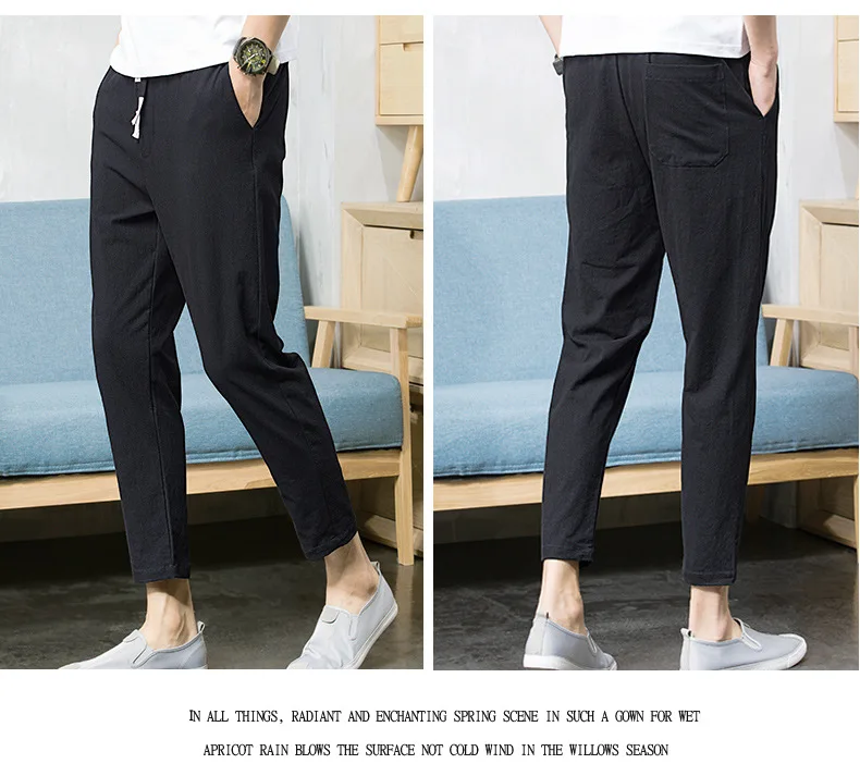 Cotton Line Loose Harem Pants Men Summer Casual Men's Linen Pants Grey Trousers Men Ankle Length Pants Streetwear