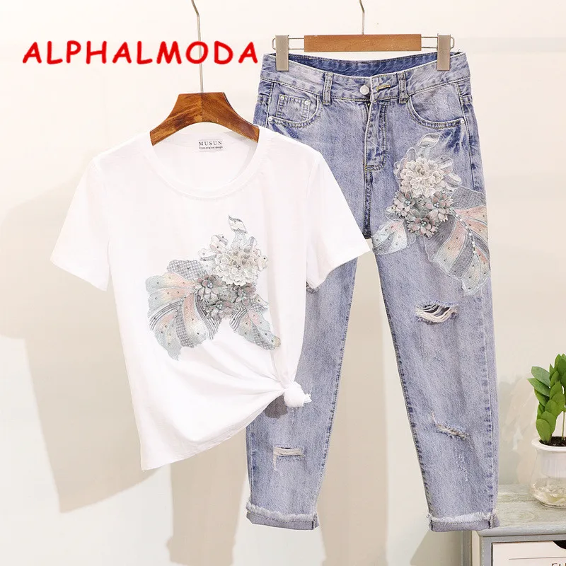 ALPHALMODA вышивка Винтажные Цветы бисером футболка рваные отверстия карандаш модные