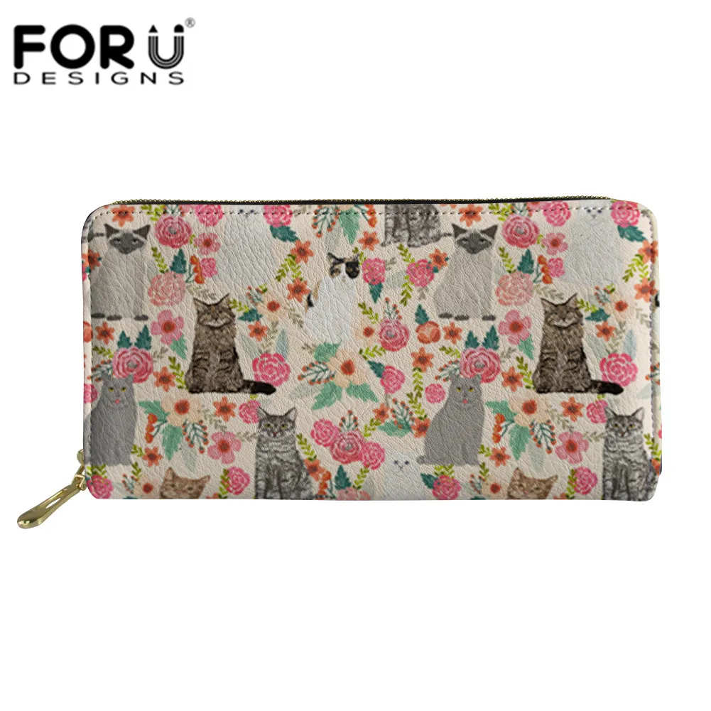 

FORUDESIGNS Damask Cat Florals Printing Women Long Wallets PU Leather Purse Card Holder Phone Coin Bags Zipper Clutch Money Bag