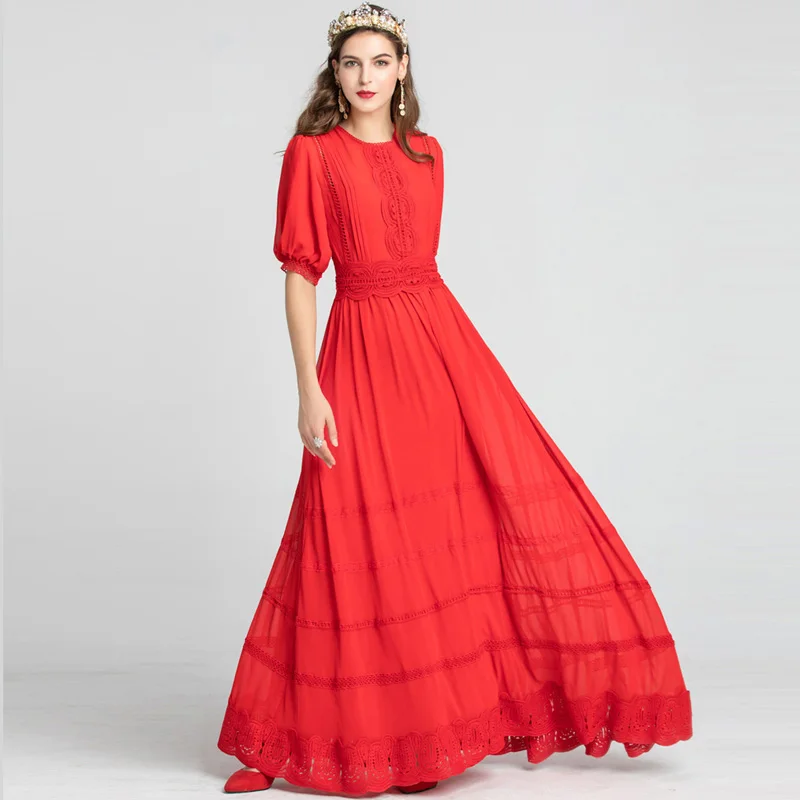 Red RoosaRosee Runway Designer Women Short Sleeve Hollow Out Long Maxi Dress Elegant Fashion Party Dresses Vestidos Robe Femme - Цвет: COLOR
