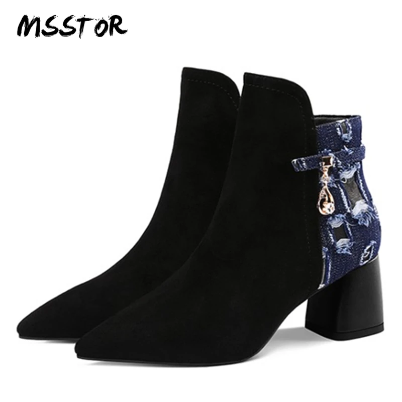 

MSSTOR Metal Decoration Cowboy Boots For Women Mixed Colors Autumn Kid Suede High Heels Boots Pointed Toe Ankle Boots Women 2018