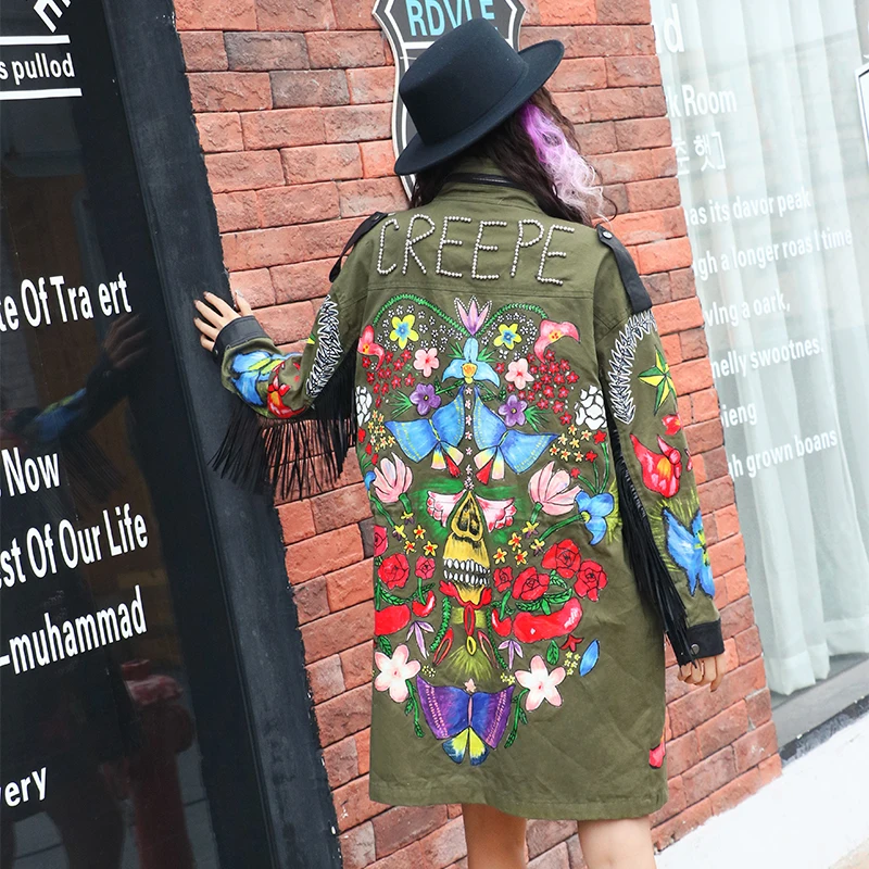 Весенняя женская брендовая куртка в стиле хип-хоп с зелеными заклепками в стиле граффити и кисточками, свободная ветровка, пальто, женская верхняя одежда