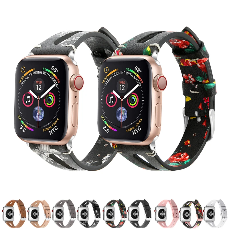 

strap for apple watch band 42mm 38mm 44mm 40mm 4/3 bracelet printing Genuine Leather watchband for iwatch 4/3/2/1 correa