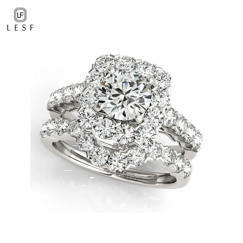 

LESF Pretty Round Cut 925 Sterling Silver Rings Set Sona CZ Diamant Engagement Wedding Ring Silver Jewelry for Women