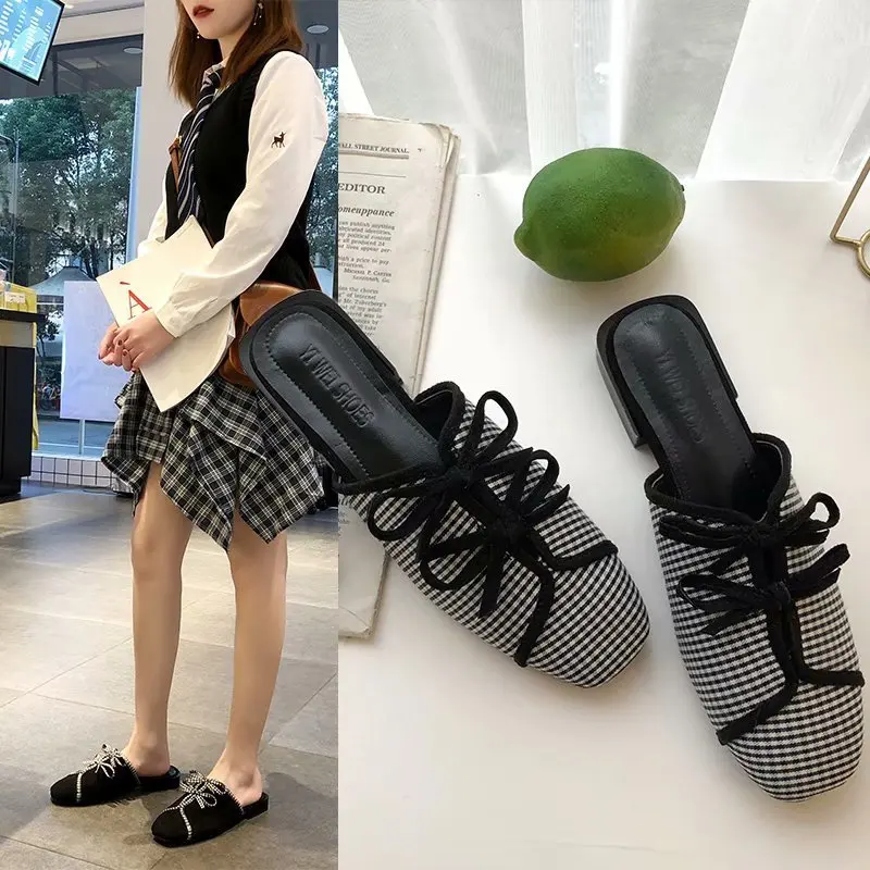 

Flats Heel Plaid Women Autumn Bowtie Slippers Fashion Mules For Woman Round Toe Flats Heel Shoes Sweet Hollow Ladies Slipper