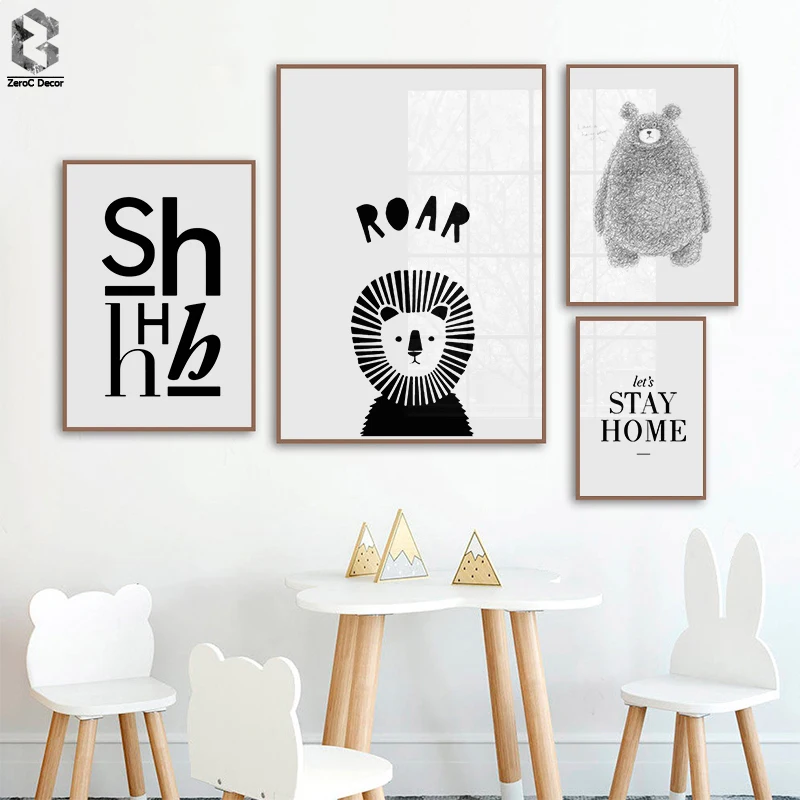 

Nordic Black White Cartoon Bear Lion Quote Canvas Posters Inspirational Minimalist Print Wall Art Painting Decoration Pictures