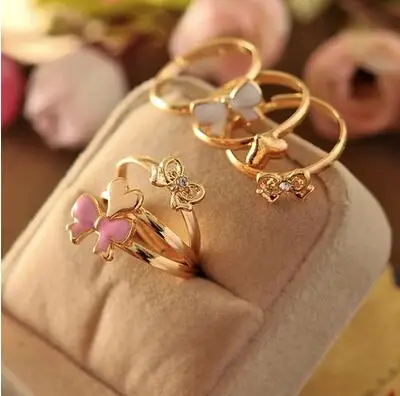 3pcs/set accessories multicolour adjustable pink Enamel glaze sparkling heart bow cutout midi ring finger punk ring mini ring