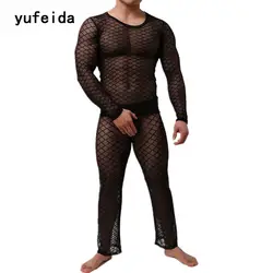 Yufeida 2017 пикантные Для мужчин Кальсоны для женщин одежда с длинным рукавом сетки ажурные прозрачные сна пикантные сетчатые Нижнее Бельё для