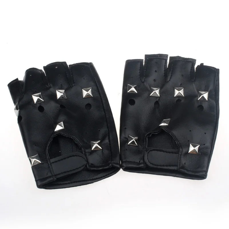 KLV модный дизайн heatrical панк хип-хоп PU Черные кожаные перчатки с полупальцами квадратный гвоздь z0913