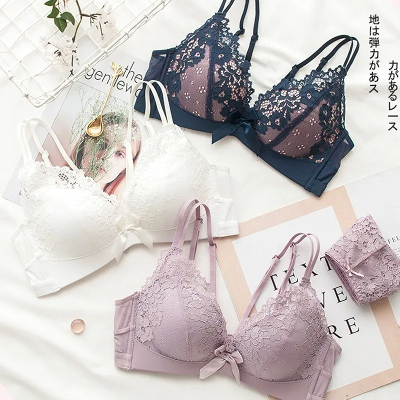 

Wasteheart Women Fashion Purple Lace Bow Bra Sets Cross Straps Bralette Cotton Panties Push Up Underwear Sexy Lingerie Sets A B