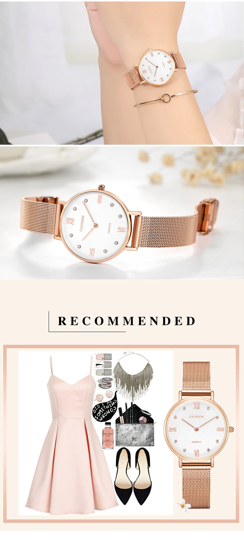 CADISEN Brand Luxury Fashion Ladies Watch Women Watch Thin Rose Gold Steel Mesh band Quartz Wristwatches Women relogio feminino