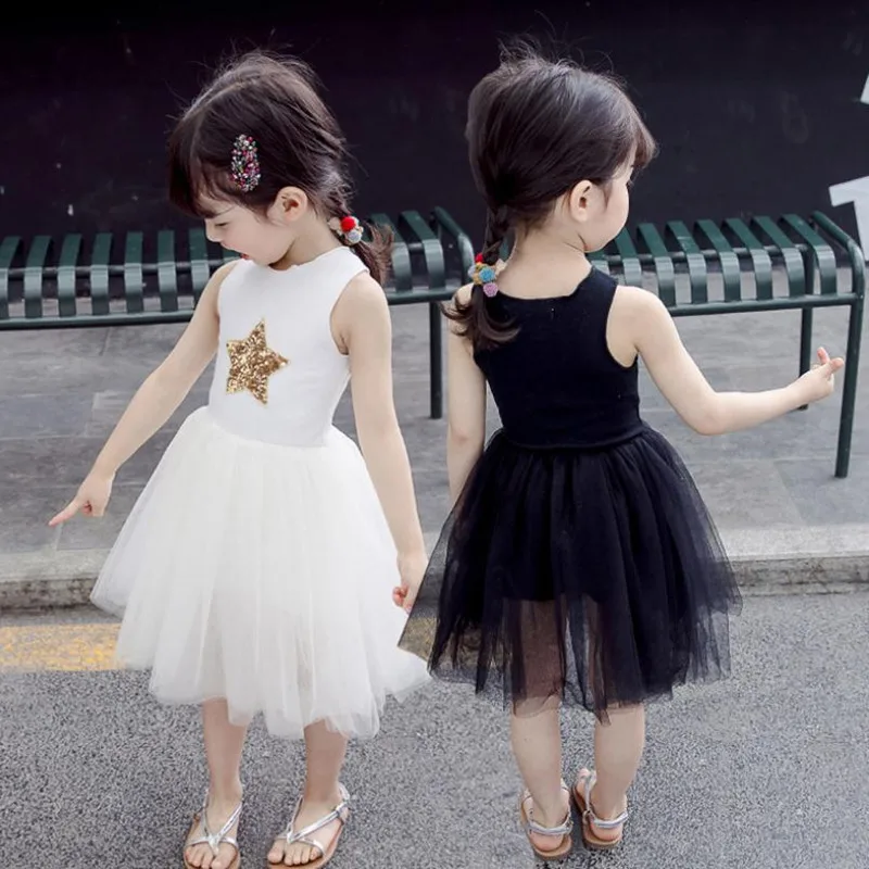 

Kids Clothes Girls Dress 2019 Summer Sleeveless Star Mesh Vest Dress Baby Princess Costume Little Girl Party Dress For 1-7Years