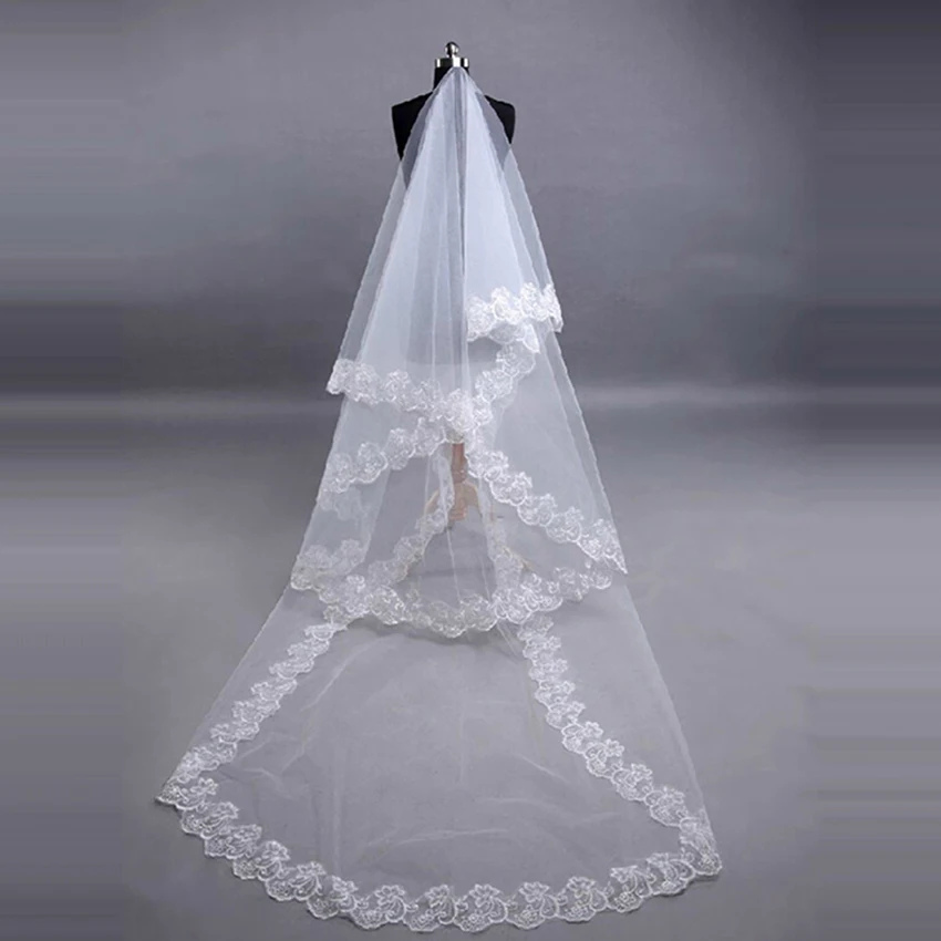 Новое Белое Кружевное длинное свадебное платье свадебная фата Vestido De Noiva Длинная фата для невесты покрывала вуаль на голову