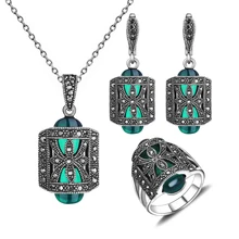 Mujeres Regalo Único del Diseño Antiguo Plateado Verde Resina Y Diamantes de Imitación de Moda Anillo de La Joyería Con el Collar Pendiente de La Vendimia