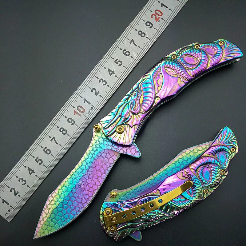 Dragon Rainbow Titanium Folding Pocket Knife Cosplay Fade Collection  Graphic survival camping Knives utility tactical knifes