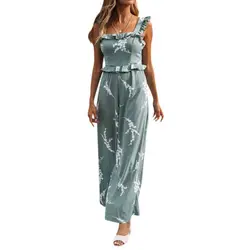 Boho ремешок с цветочным принтом Комбинезон с оборками женский сексуальный Высокая талия широкие ноги Свободный Летний Пляжный комбинезон