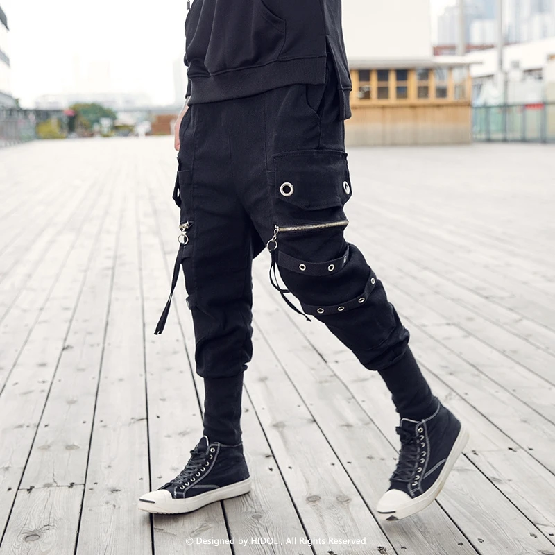 Железный обруч карман на молнии ленты джинсы байкерские Для мужчин панк-рок, хип-хоп брюки-карго шаровары бренд Kanye West черные джинсовые