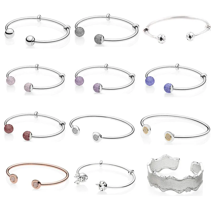 

925 Sterling Silver Double-Headed Beads Pattern bracelets Bangles fit charms beads DIY A Open Bangle Bracelet for women jewelry
