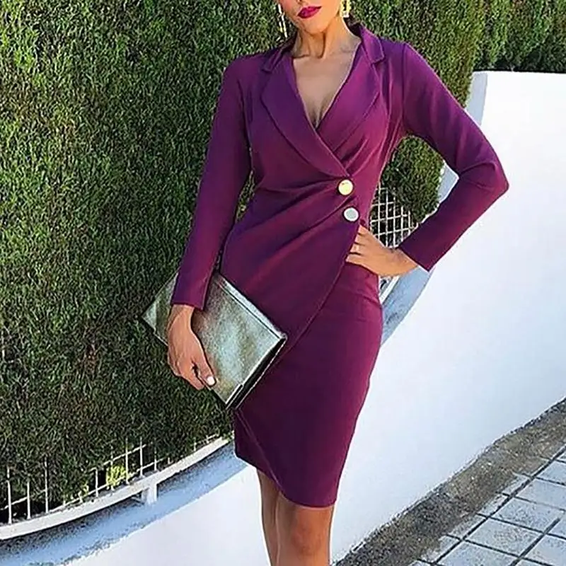 

Women Fashion Elegant Workwear Office Lady Solid Slim Fit Dress Mini Scrunch Button Design Bodycon Dress