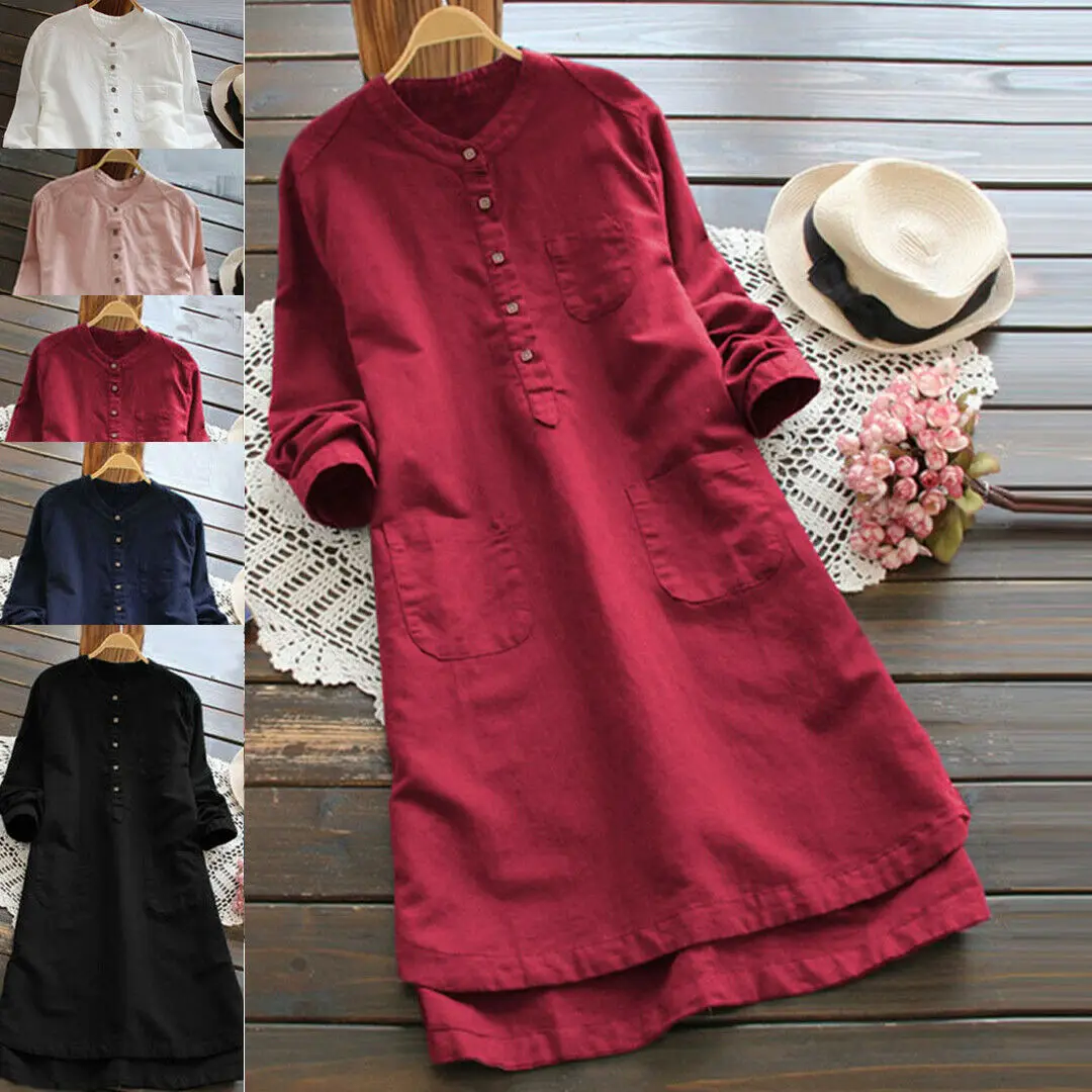 

Summer Lady Women Cotton Oversize Retro Long Sleeve Loose Casual Dress V-Neck Solid Party Cocktail Beach Dresses Plus Size