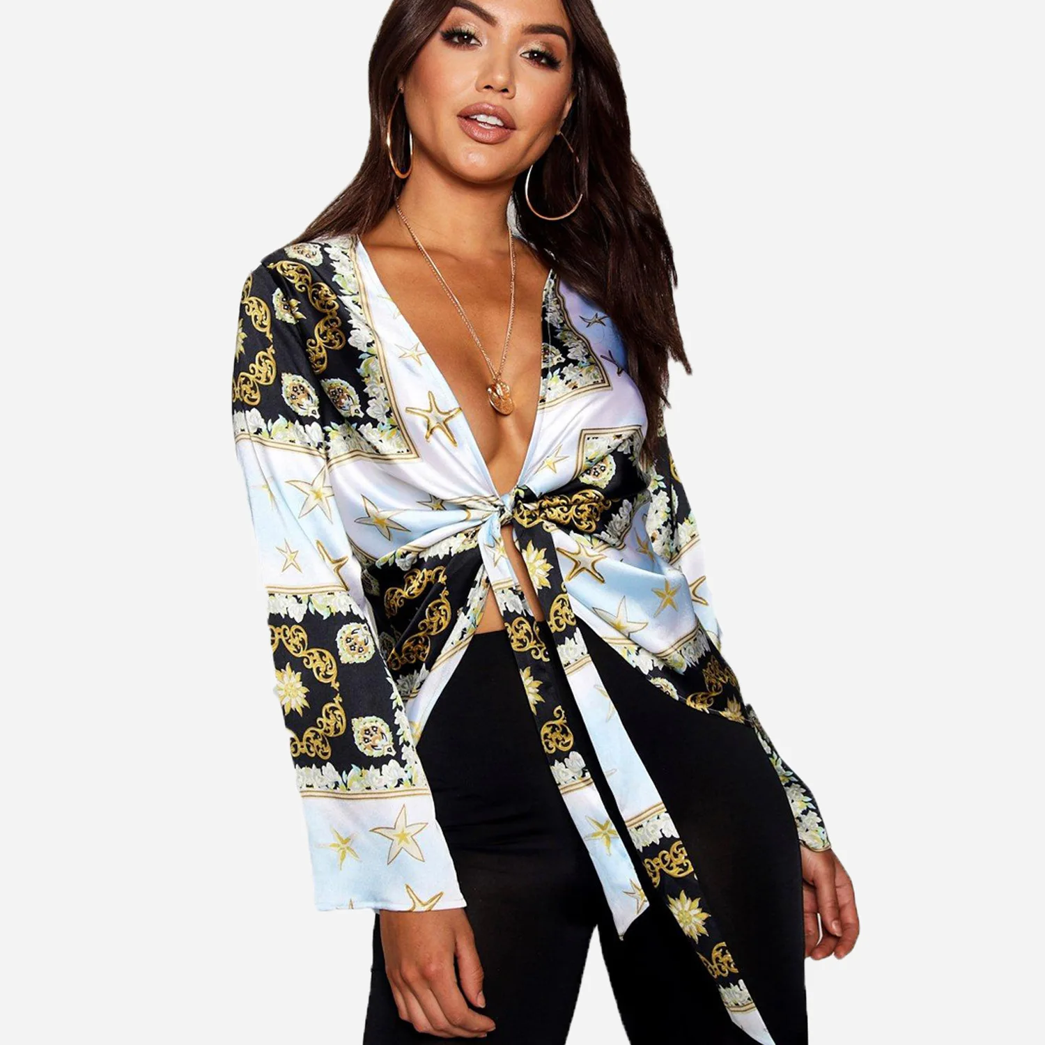 

2019 hot hot style loose-fitting long deep V digital print shirt