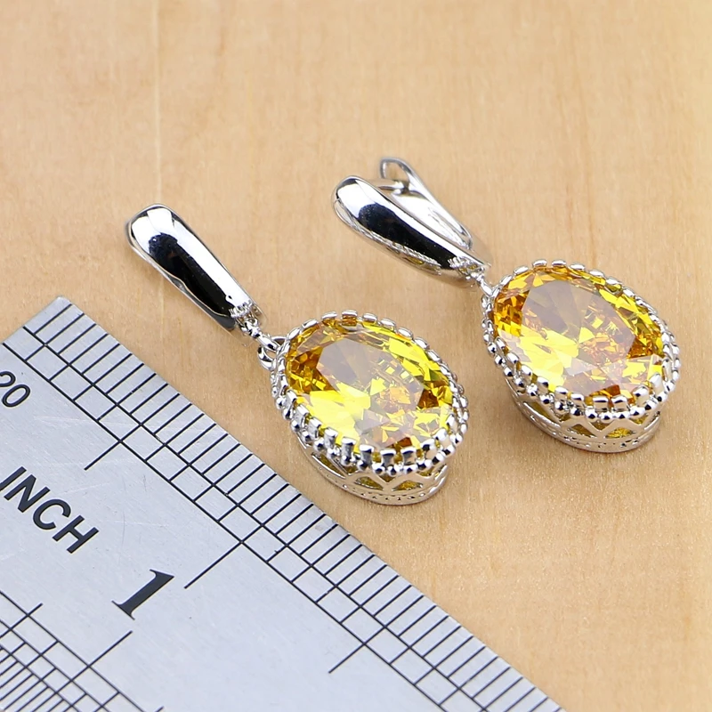 Kopen 925 Sterling Zilveren Sieraden Geel Zirconia Sieraden Sets Voor Vrouwen Oorbellen Hanger Ketting Ringen Armband