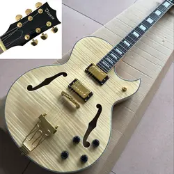 Custom shop, Custom F полый корпус Джаз электрогитара, Двойной Тигр Пламя. цвет натурального дерева gitaar. Стандарт оригинальная гитара