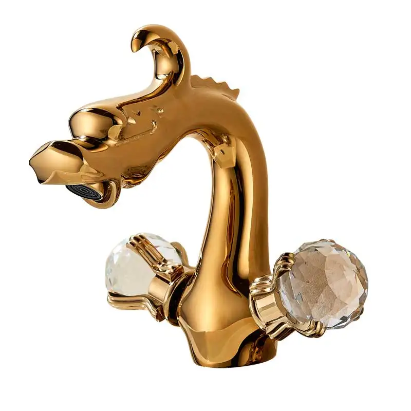 Дракон резной кран для раковины Античная Бронза Ванная комната сосуд Раковина кран с двойной ручкой смеситель для ванной комнаты кран в форме животного - Цвет: Golden basin faucet