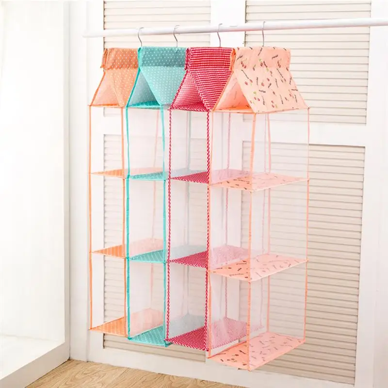 

3 Layers Home Hanging Clothes Storage Box Hanging Shelves Closet Cubby Sweater Handbag Organizer for Bedroom Bathroom (Pink)