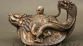 

SHUN Tibet copper silver 6" China White Copper Silver Longevity Shou Dragon Turtle Statue Wine Pot TeaPot