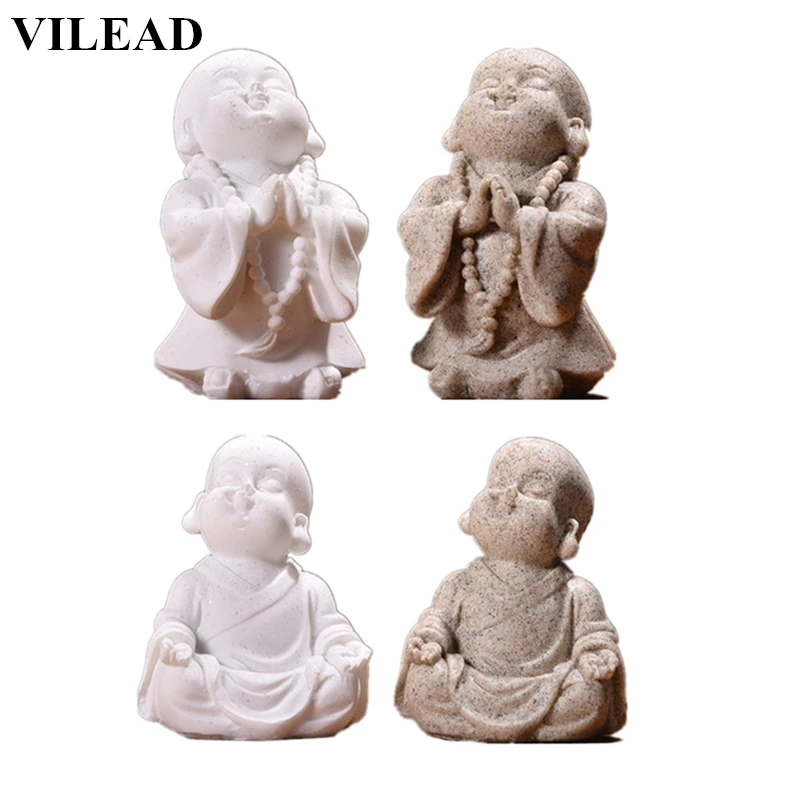 

VILEAD Cute Little Monk Figurines Sandstone Adorable Buddha Statuettes Lovely Miniatures for Office Home Decor Creative Gift