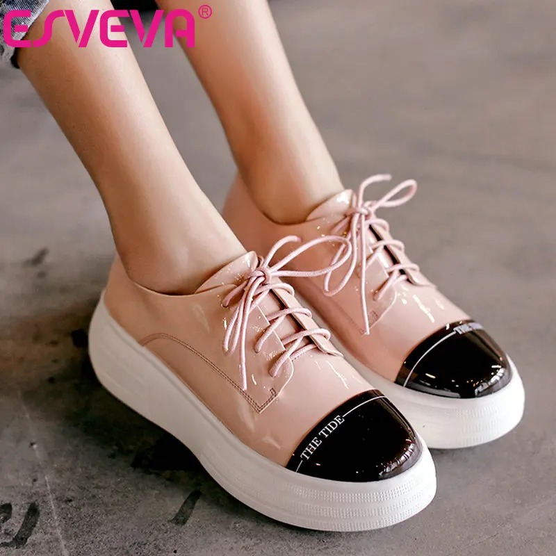 

ESVEVA 2019 New Shoes Cow Leather +PU Patchwork Slip on Wedges Heel Women Shoes Fashion Spring/autumn Women Pumps Size 34-42