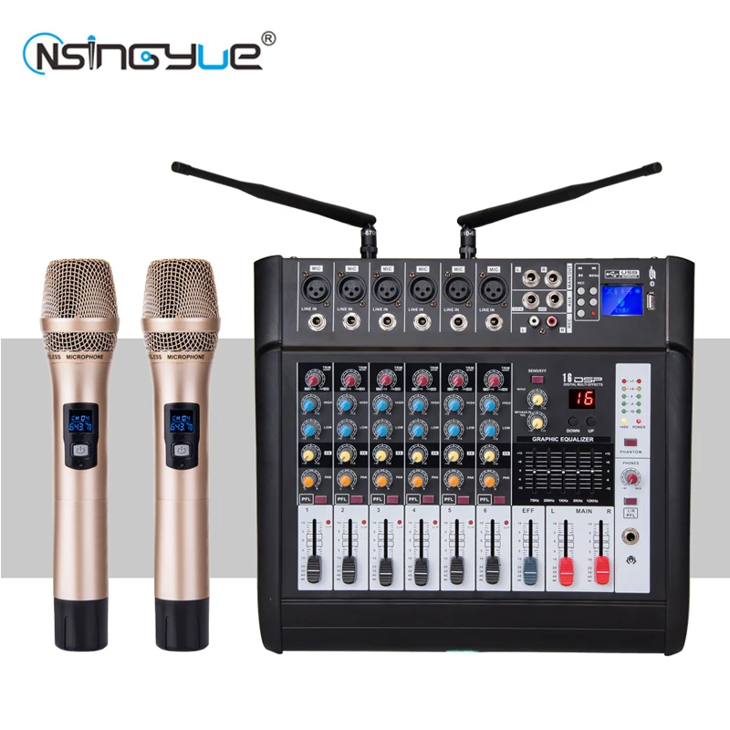 

6-Channel Mixer with Power Amplifier Integrator Wireless Microphone Effector Conference Recording Home Karaoke Bluetooth