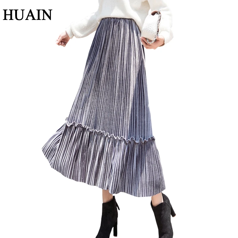 

Vintage Autumn Skirt Women Casual Midi Pleated Skirt Office Ladies 2018 New Korean Fashion Solid Colour Fitness Female Clothing