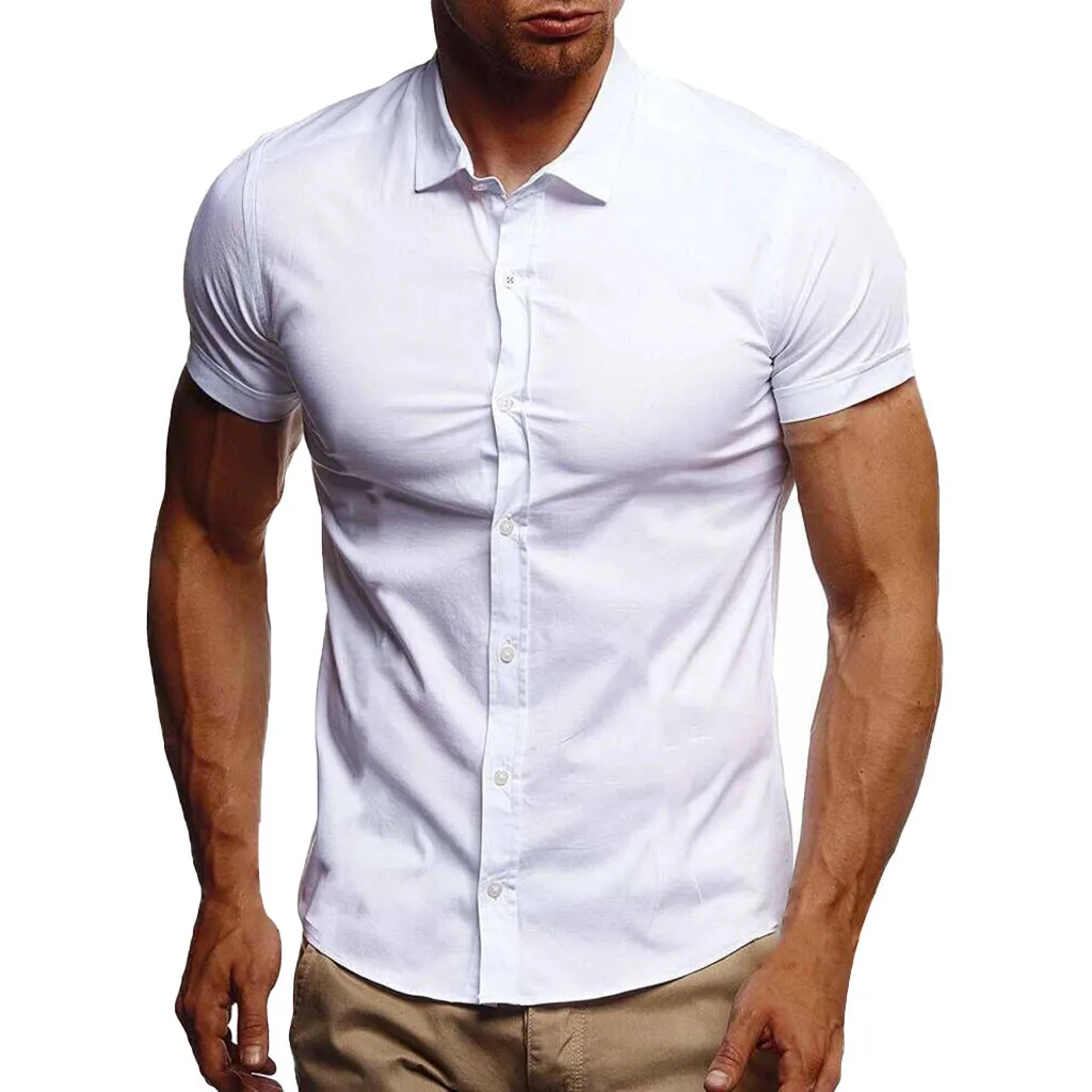 Новое поступление, приталенная Мужская рубашка, лето, Мужская однотонная Повседневная рубашка на пуговицах с отворотом и коротким рукавом, распродажа