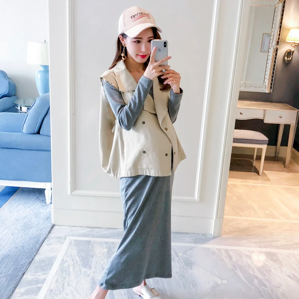 

Pregnant women autumn suit 2018 new loose long paragraph bottom skirt sleeveless vest Korean version of pregnancy two-piece
