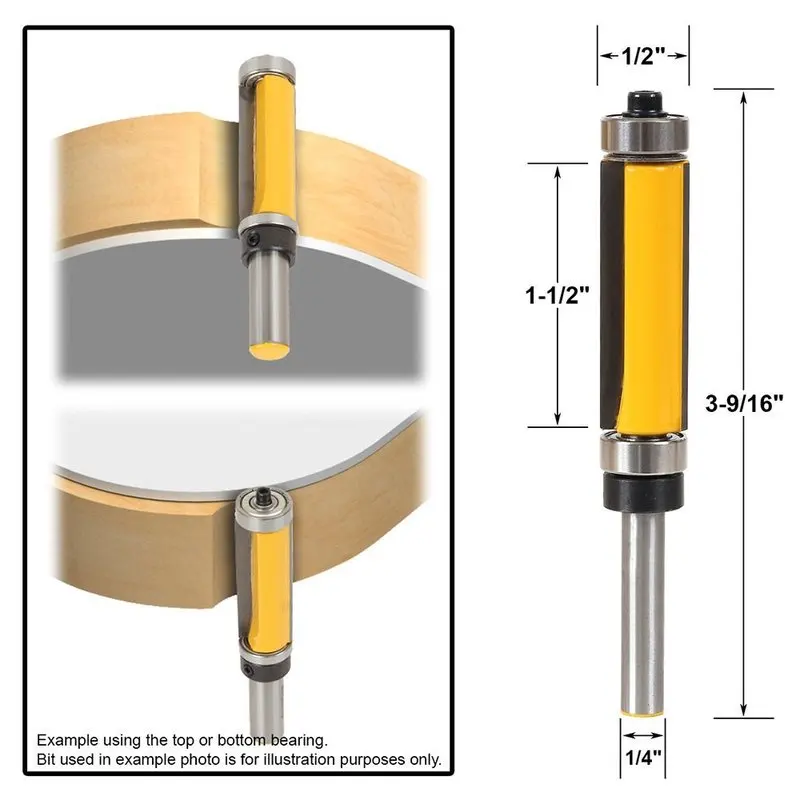 

1/4*1/2*38 CNC Milling Cutter Flush Trim Pattern Router Bit 1/4" Shank Panel Top & Bottom Double Bearing Woodworking Tool