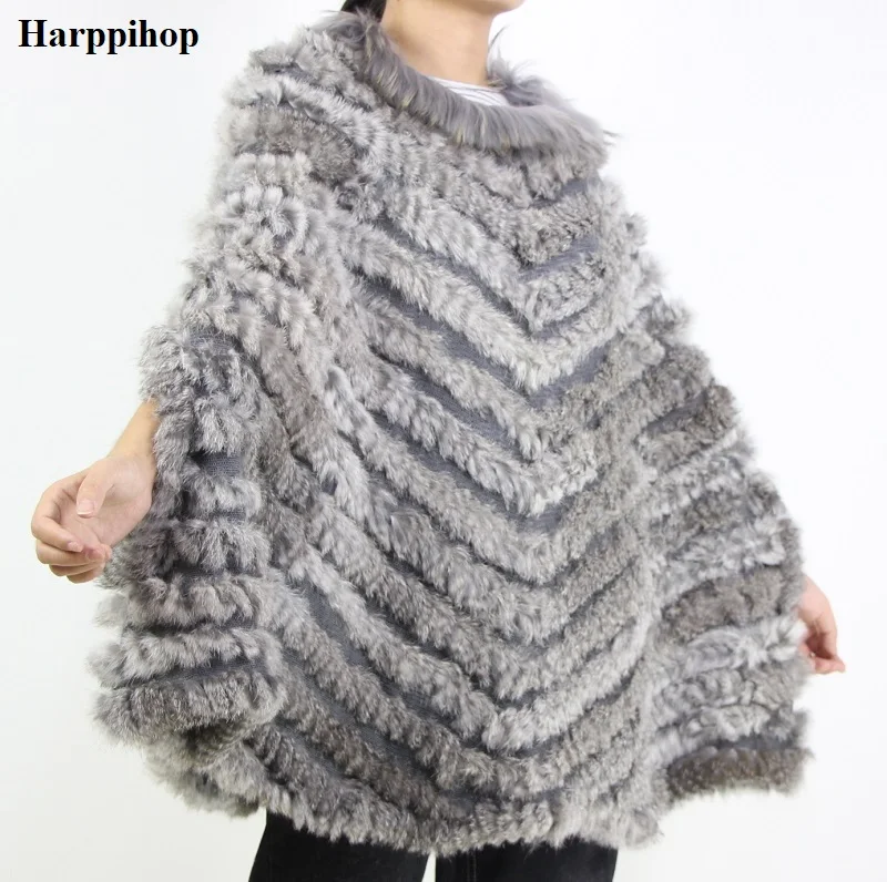 Женский роскошный вязаный пуловер из натурального кроличьего меха, пончо из меха енота, накидка, вязаные изделия из натурального меха, накидка, плащ треугольной формы, хит - Цвет: natural grey