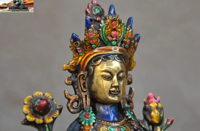 8 &quotтибетские бронзовые Перегородчатые Позолоченные Зеленые Tara Kwan Yin статуя