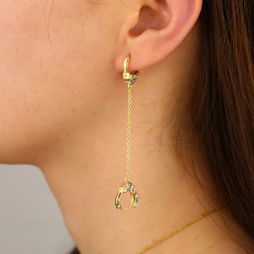 

fashion colorful cz tassel earrings Jewelry Authentic 925 Sterling Silver handcuff long chain dangle earring for women rainbow