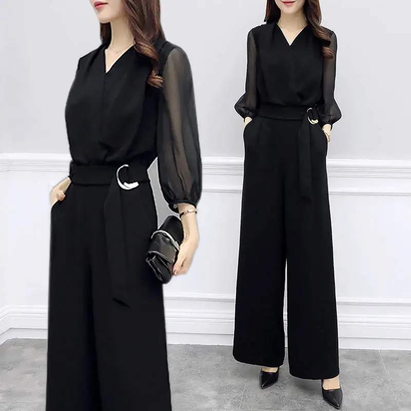 

2019 Women Jumpsuit Romper Elegant Belt Bandage Long Sleeve V Neck Casual Wide Leg Pant Jumpsuit Overalls Ladies Loose