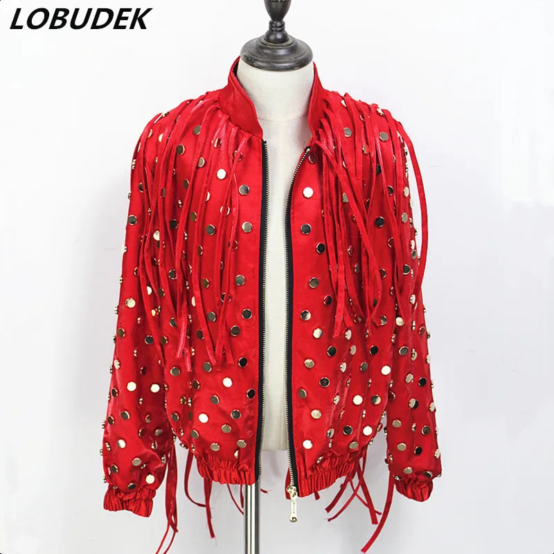 

2018 Tide Male Rap Rock Singer Baseball Coat Rivet Tassels Jacket 3 Colors Outerwear Nightclub DJ Hip Hop Performance Costumes