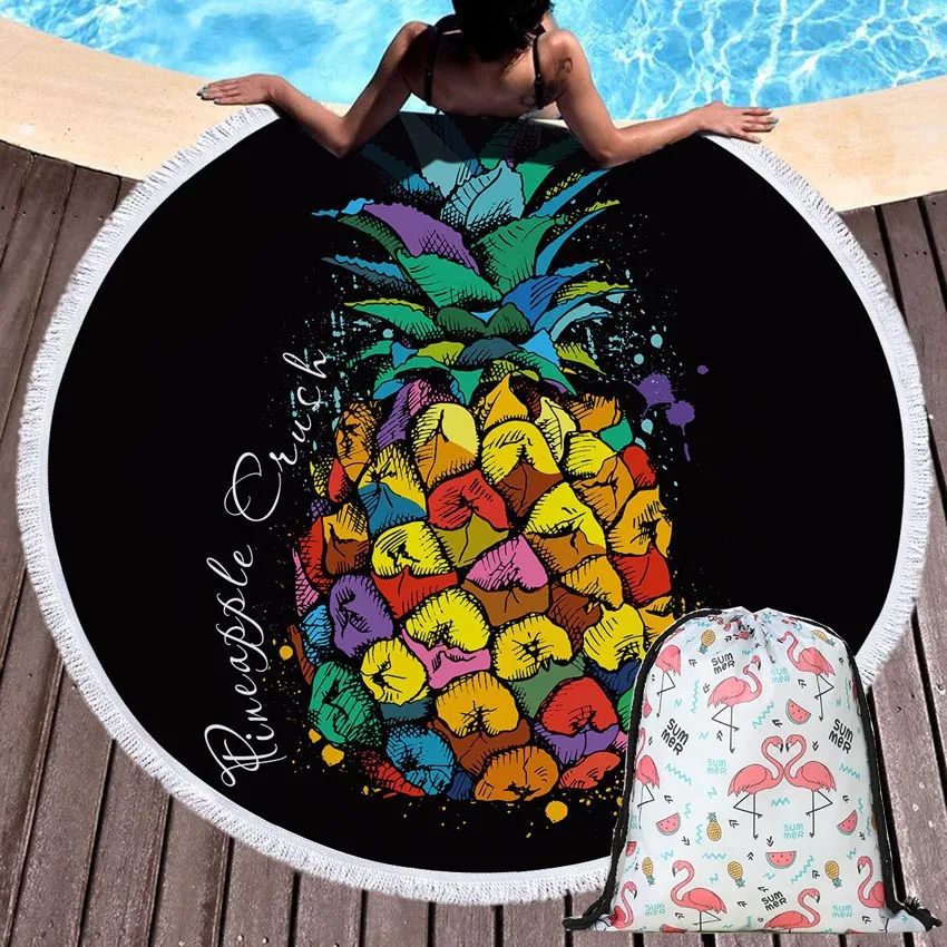 

Cartoon Pineapple Round Beach Towel Microfiber Bath Shower Towels With Drawstring Storage Bag Sports Yoga Mat Cover toalla playa