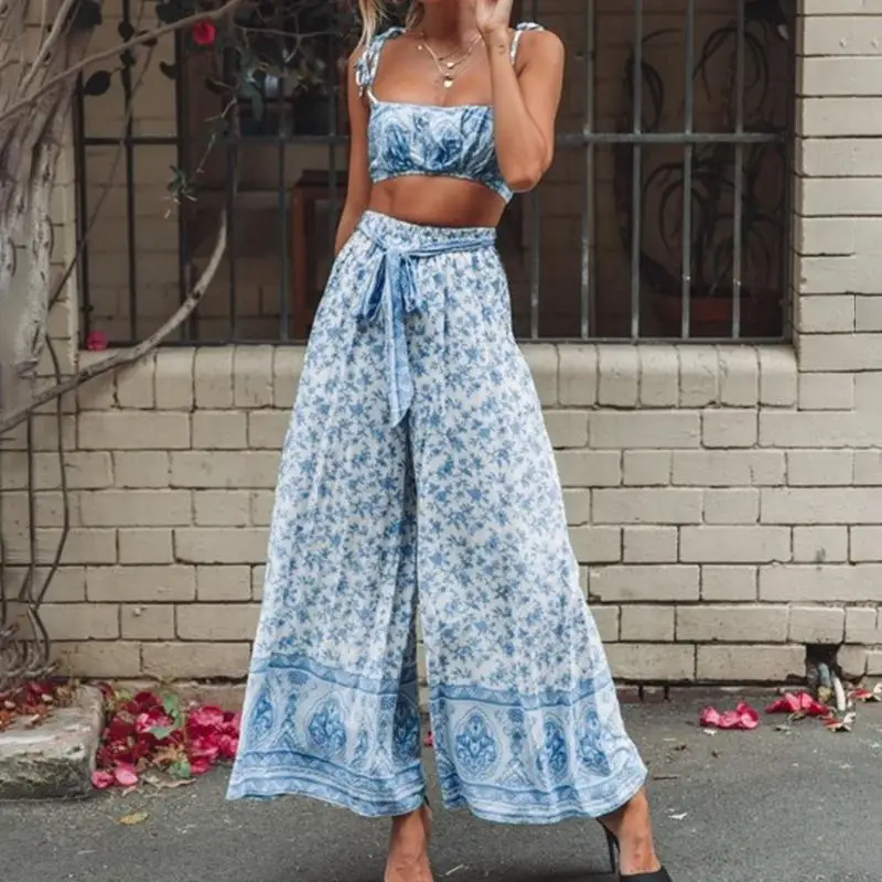

Femajor Women Vintage Blue Boho Floral Print 2pcs Jumpsuit Set Casual Summer Beach Crop Tops and Wide Leg Chic Long Rompers Set