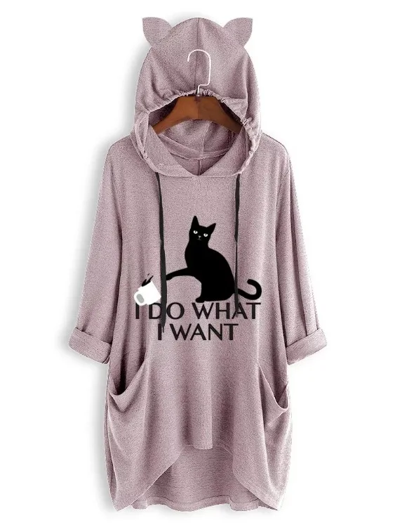 Women Loose Hooded Tops Cartoon Cat Printed Oversized Sweatshirt 2019 Spring Ladies Irregular Pocket Hoodies Plus Size M-5XL Women Loose Hooded Tops Cartoon Cat Printed Oversized Sweatshirt 2019 Spring Ladies Irregular Pocket Hoodies Plus Size M-5XL