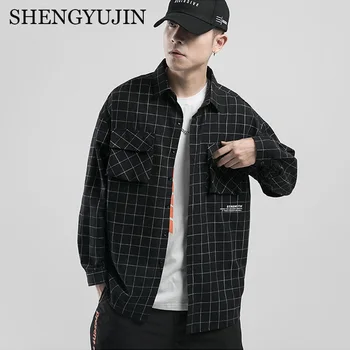 

SHENGYUJIN Personality Men's Jacket Shirt 2019 Autumn New Plaid Cardigan Lapel Letter Printed Jacket Men's Casual Top