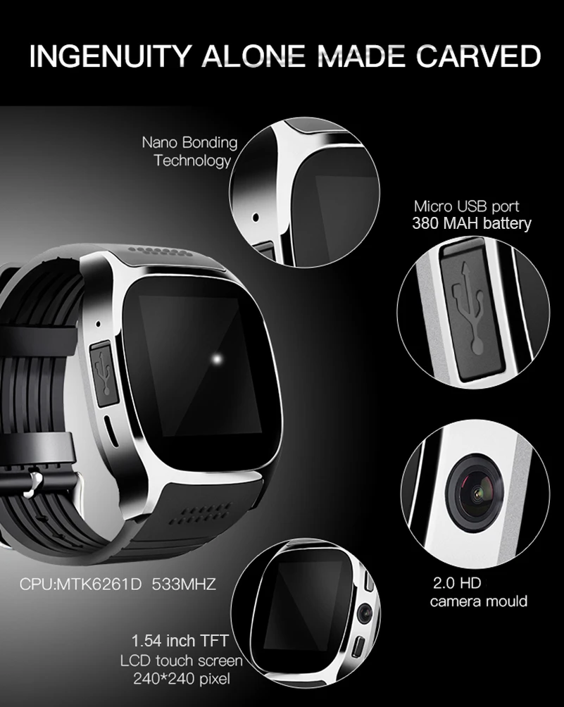 

2018 New T8 Bluetooth Smart Watch With Camera Support TF Card SIM Card Smartwatch For Android Phone Sports Smart Wristwatch