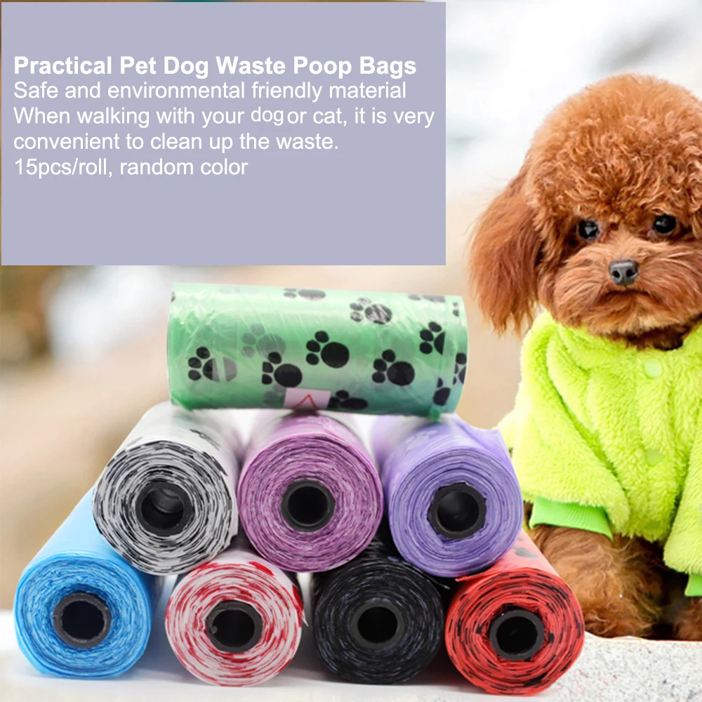 

15pcs/roll Pet Dog Waste Poop Bags with Cute Footprint Printed Pattern Clean-up Garbage Waste Bag Pet Supplies Random Color