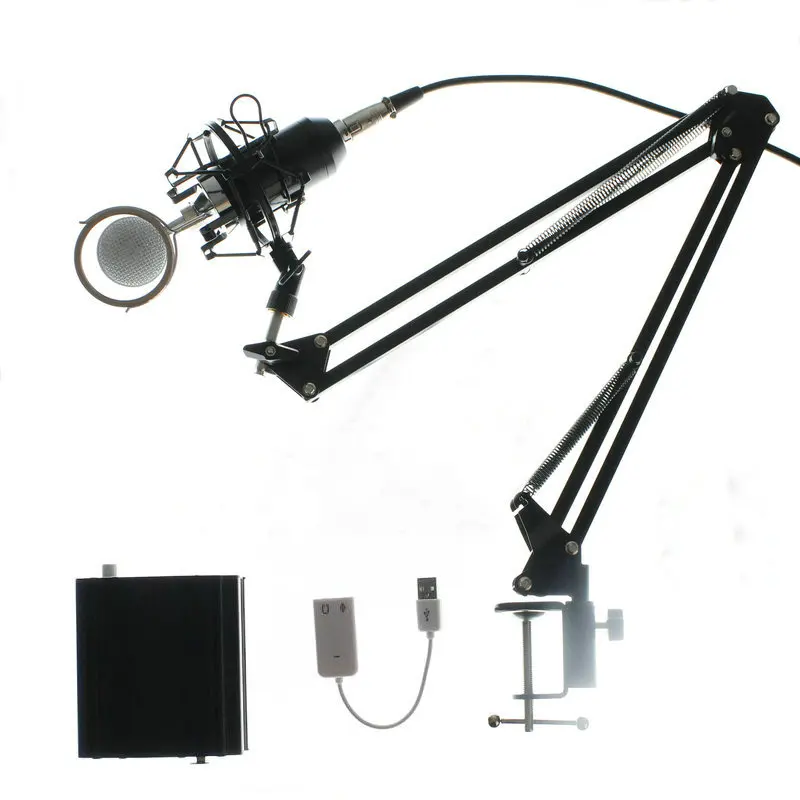 BM-8000 профессиональный конденсаторный микрофон для студийной записи с подставкой и держателем+ фантомное питание+ Звуковая карта - Цвет: Черный